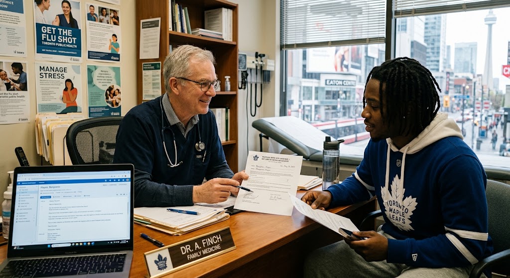 Doctor discussing medical documentation with a patient in Toronto