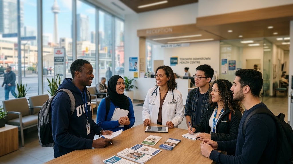 A diverse group of international university students talking with a female doctor at a wooden counter inside a modern healthcare clinic in downtown Toronto.