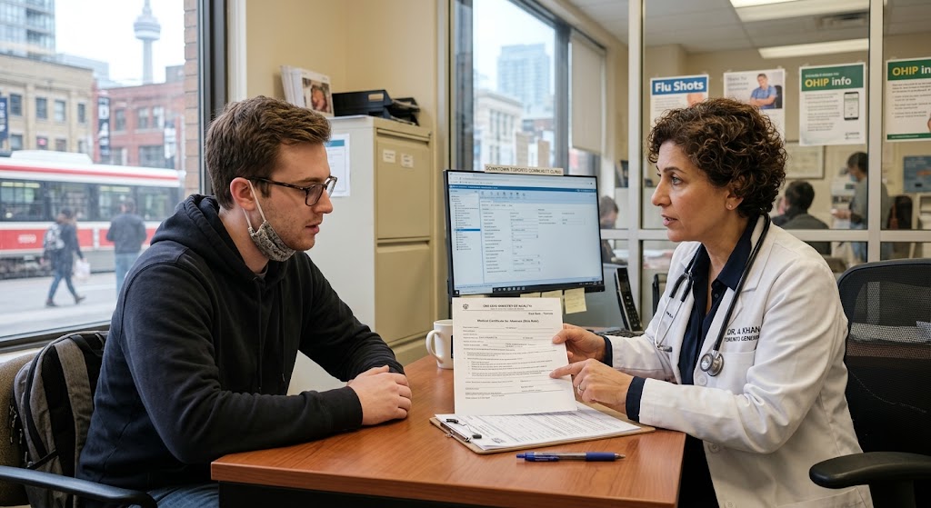 Doctor discussing a sick note and medical documentation with a patient in Toronto