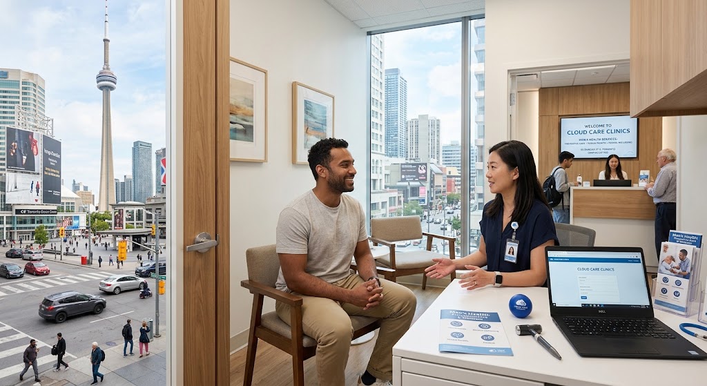 Interior photo of a modern men's health clinic in Toronto with the CN Tower and city skyline visible through the window. A male patient is talking to a female healthcare provider in an office with a laptop, brochures, and clinic signage in the background.