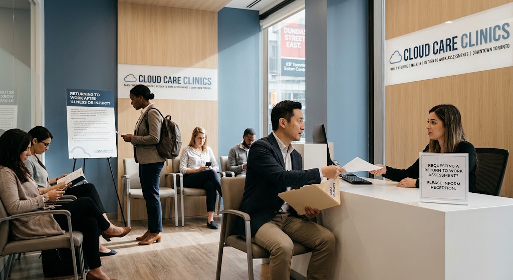 A man consults with a receptionist at the front desk of Cloud Care Clinics in Toronto, while other patients wait. Signs about return-to-work assessments and the clinic's location near Yonge-Dundas are visible.