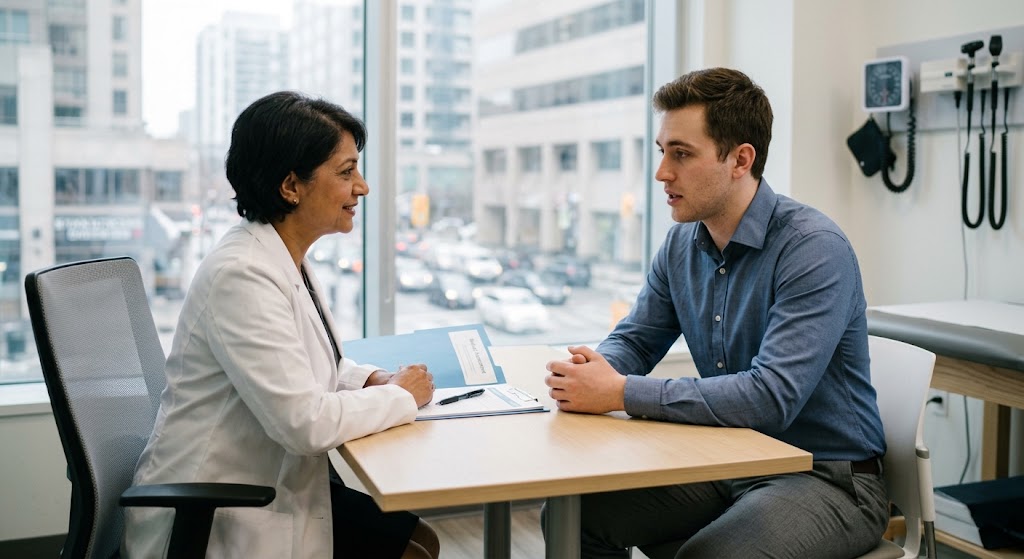 A young male professional in a medical consultation with a female doctor at Cloud Care Clinics in downtown Toronto, discussing a stress leave assessment. A cityscape of Toronto is visible through the window.