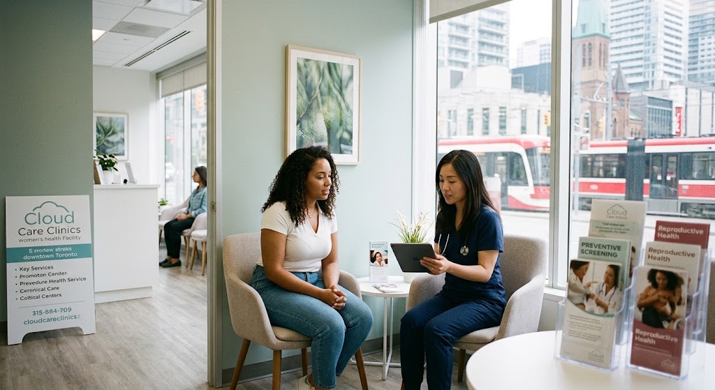 A photo showing a doctor and a patient in a consultation at a women’s health clinic in downtown Toronto, with a view of a streetcar outside the window.